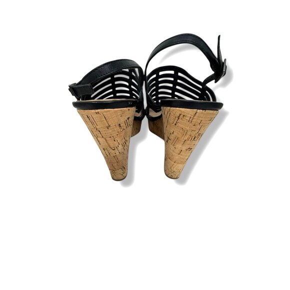 Franco Sarto Sombre Black Strappy Cork Wedge‎ Open Toe Sandals Heels Size 7.5 M - Picture 5 of 9